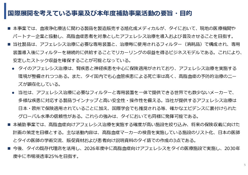 令和7年度「タイにおける 心血管疾患発症リスク低減を目的とした アフェレシス治療の実証調査」事業報告書