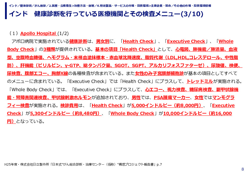 インド　健康診断を行っている医療機関とその検査メニュー
