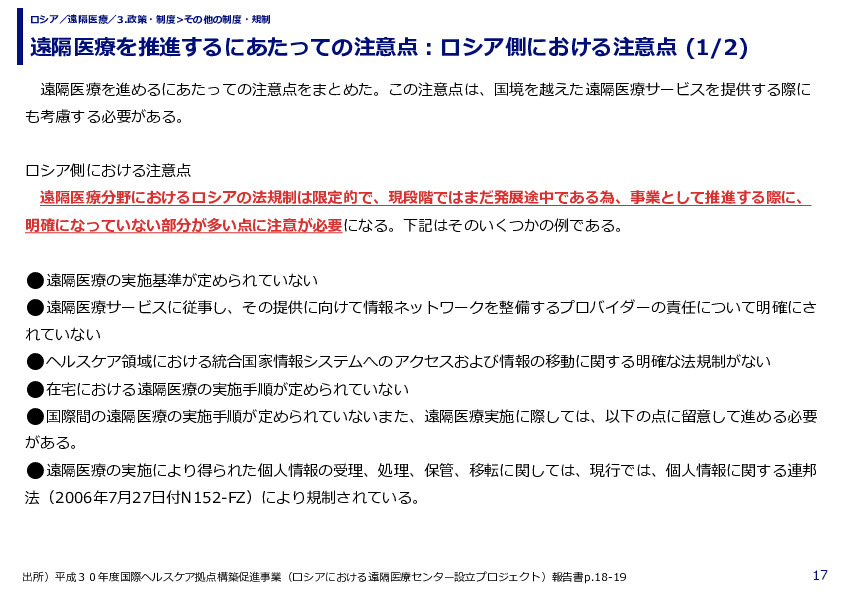 遠隔医療を推進するにあたっての注意点：ロシア側における注意点 (1/2)