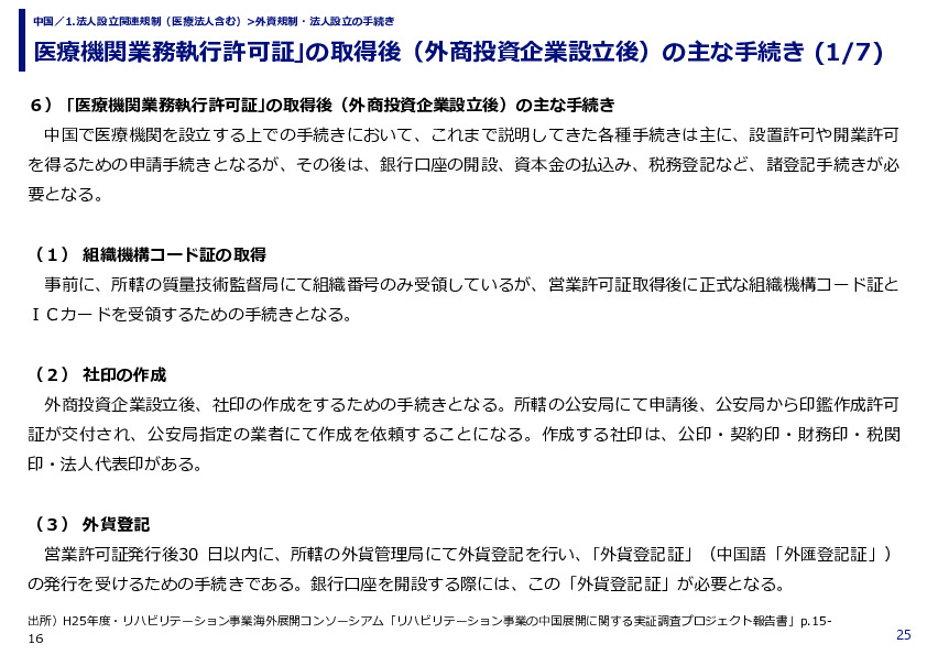 医療機関業務執行許可証｣の取得後（外商投資企業設立後）の主な手続き