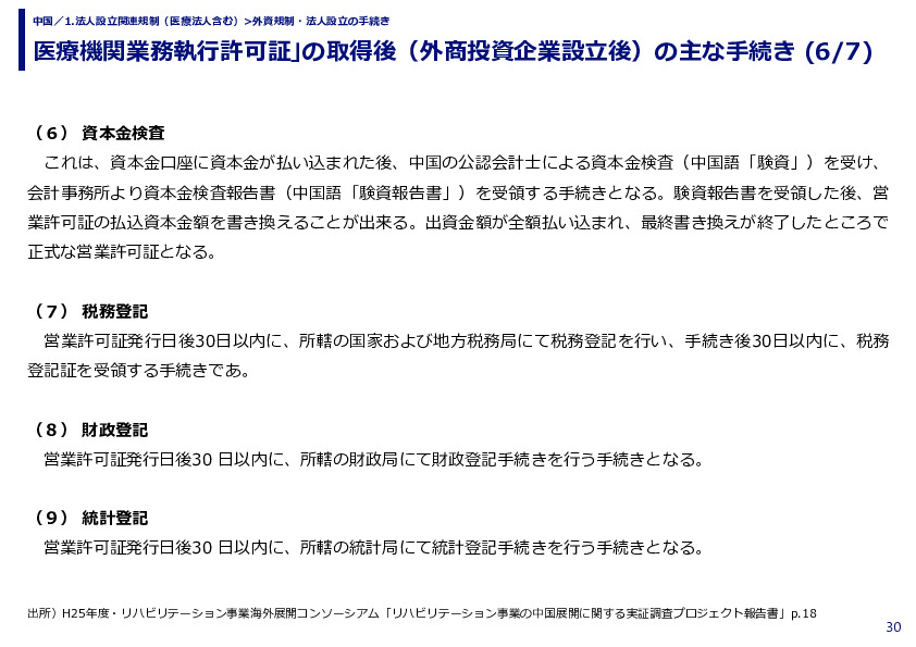 医療機関業務執行許可証｣の取得後（外商投資企業設立後）の主な手続き