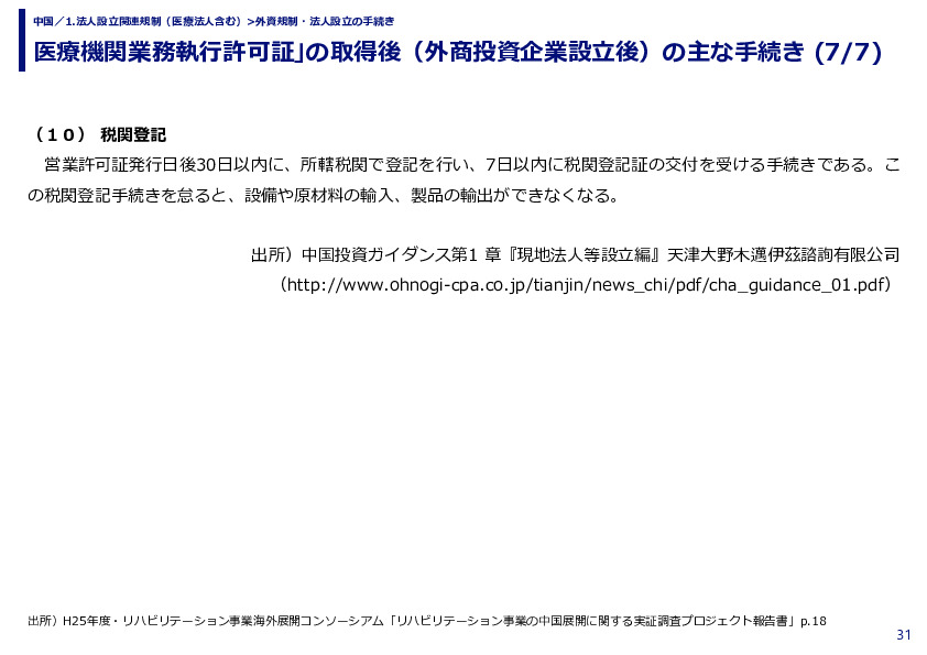 医療機関業務執行許可証｣の取得後（外商投資企業設立後）の主な手続き