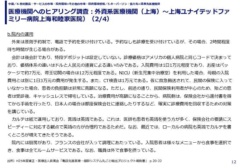 医療機関へのヒアリング調査：外資系医療機関（上海）～上海ユナイテッドファミリー病院上海和睦家医院）