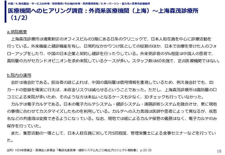 医療機関へのヒアリング調査：外資系医療機関（上海）～上海森茂診療所