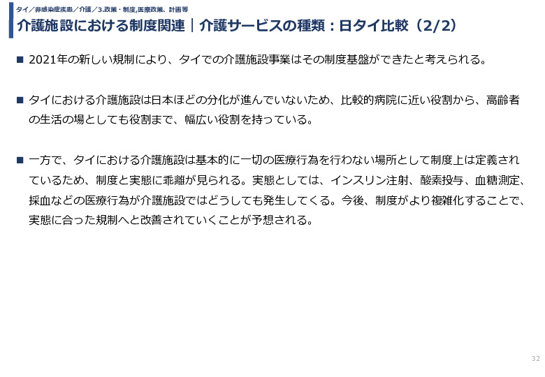 介護施設における制度関連｜介護サービスの種類：日タイ比較