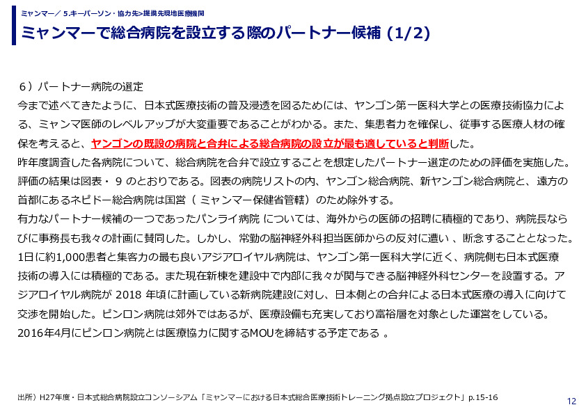 ミャンマーで総合病院を設立する際のパートナー候補