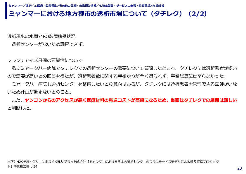 ミャンマーにおける地方都市の透析市場について（タチレク）