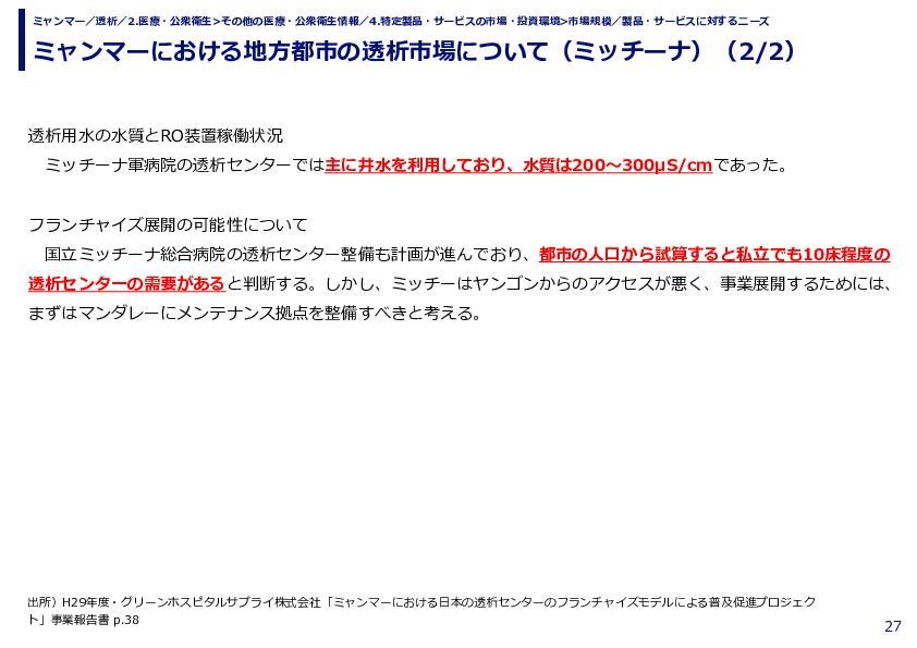 ミャンマーにおける地方都市の透析市場について（ミッチーナ）