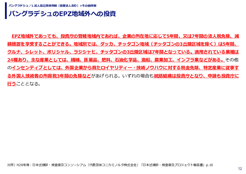 バングラデシュのEPZ地域外への投資
