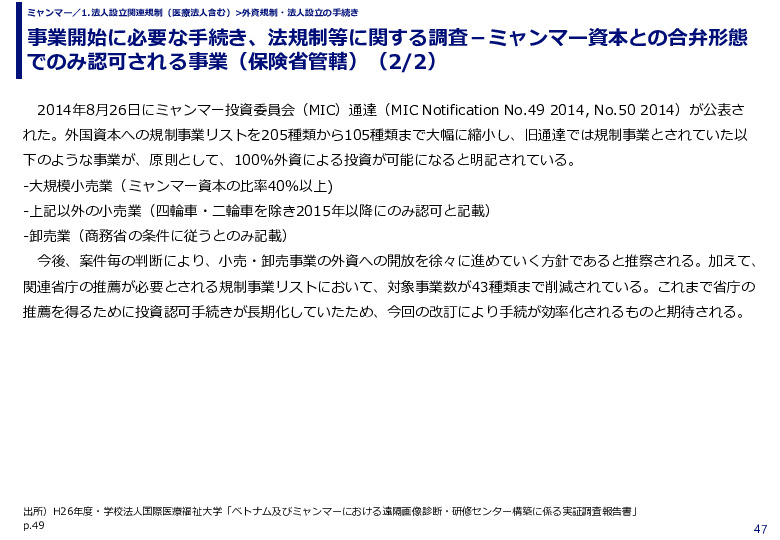 事業開始に必要な手続き、法規制等に関する調査－ミャンマー資本との合弁形態でのみ認可される事業（保険省管轄）