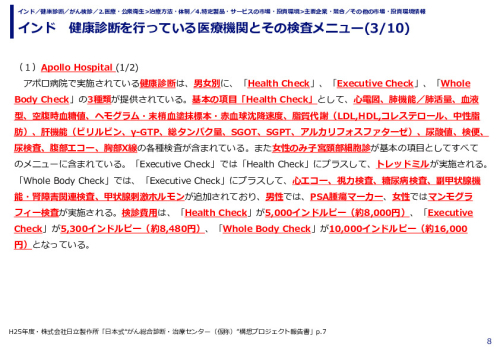 インド　健康診断を行っている医療機関とその検査メニュー
