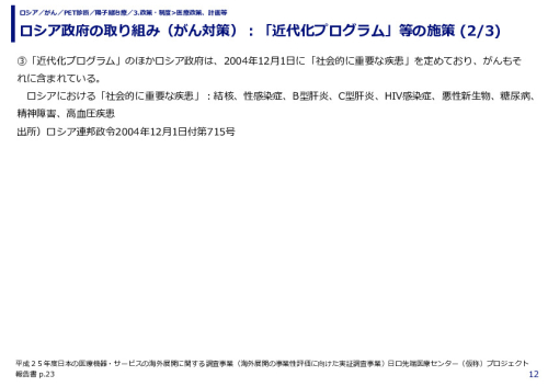 ロシア政府の取り組み（がん対策）：「近代化プログラム」等の施策 
