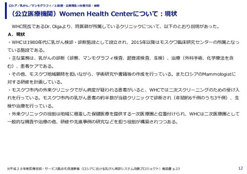 （公立医療機関）Women Health Centerについて：現状