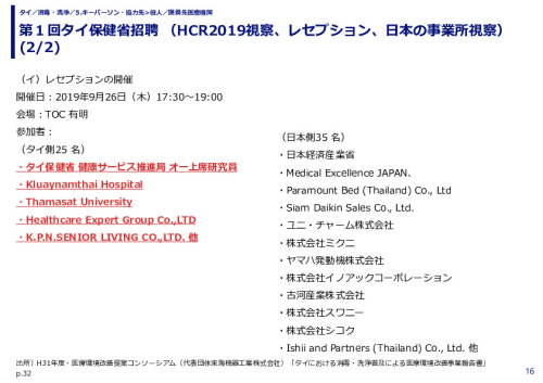 第１回タイ保健省招聘 （HCR2019視察、レセプション、日本の事業所視察）