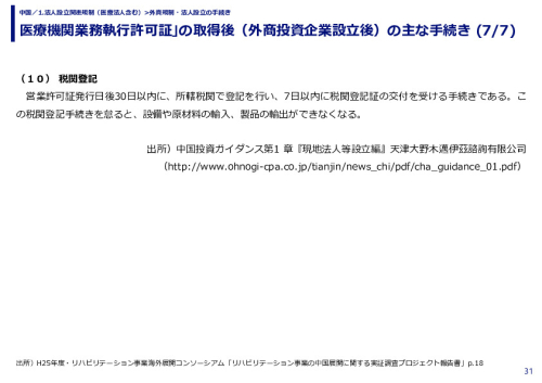医療機関業務執行許可証｣の取得後（外商投資企業設立後）の主な手続き