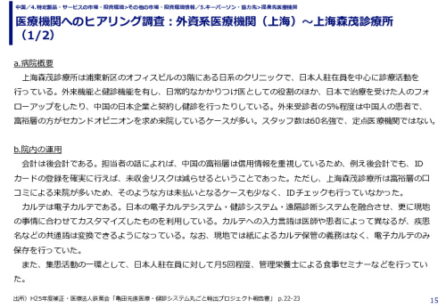 医療機関へのヒアリング調査：外資系医療機関（上海）～上海森茂診療所