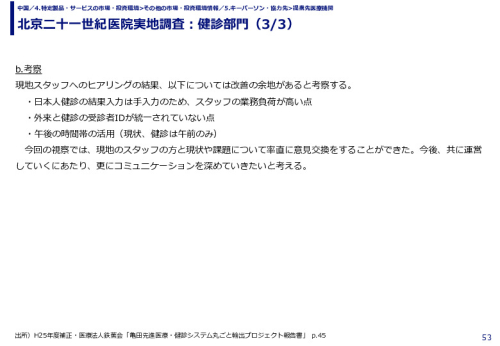 北京二十一世紀医院実地調査：健診部門
