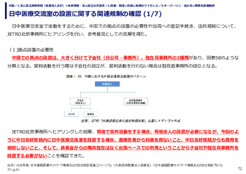 日中医療交流室の設置に関する関連規制の確認 
