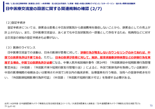 日中医療交流室の設置に関する関連規制の確認 