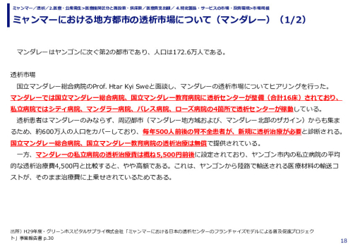 ミャンマーにおける地方都市の透析市場について（マンダレー）