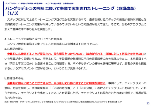 バングラデシュの病院において事業で実施されたトレーニング（意識改革）